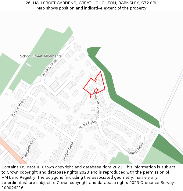 26, HALLCROFT GARDENS, GREAT HOUGHTON, BARNSLEY, S72 0BH: Location map and indicative extent of plot