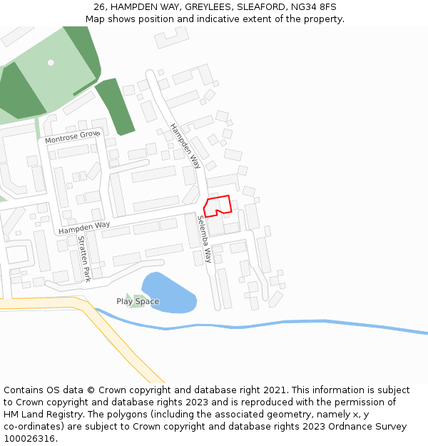 26, HAMPDEN WAY, GREYLEES, SLEAFORD, NG34 8FS: Location map and indicative extent of plot