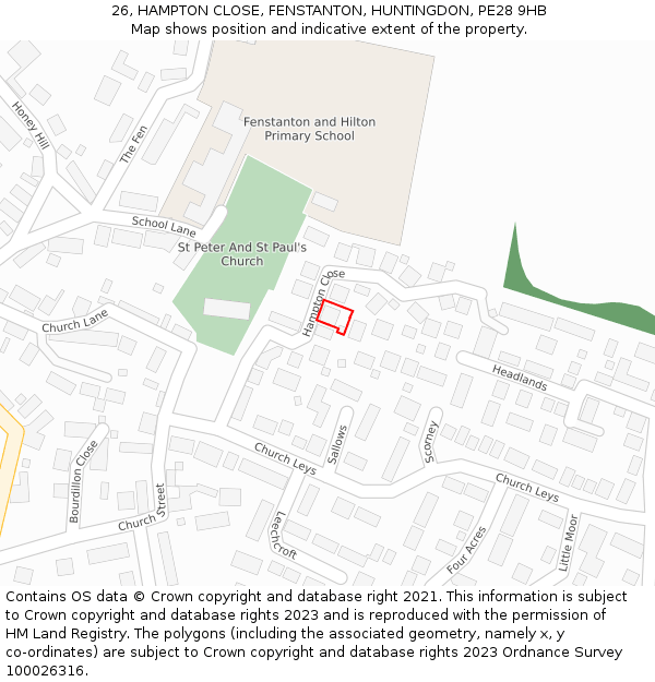 26, HAMPTON CLOSE, FENSTANTON, HUNTINGDON, PE28 9HB: Location map and indicative extent of plot