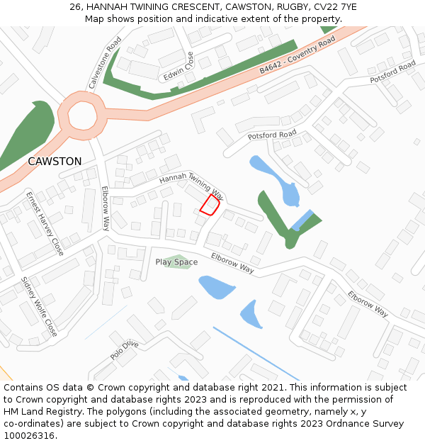 26, HANNAH TWINING CRESCENT, CAWSTON, RUGBY, CV22 7YE: Location map and indicative extent of plot