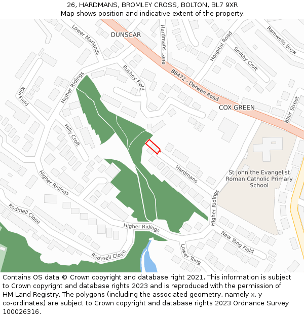 26, HARDMANS, BROMLEY CROSS, BOLTON, BL7 9XR: Location map and indicative extent of plot