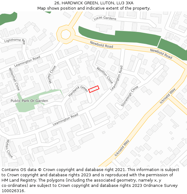 26, HARDWICK GREEN, LUTON, LU3 3XA: Location map and indicative extent of plot