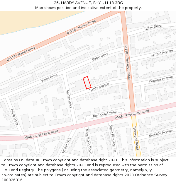 26, HARDY AVENUE, RHYL, LL18 3BG: Location map and indicative extent of plot