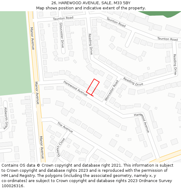 26, HAREWOOD AVENUE, SALE, M33 5BY: Location map and indicative extent of plot