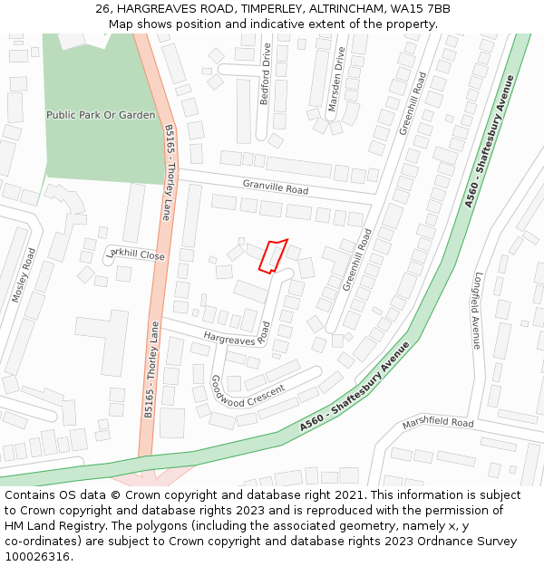 26, HARGREAVES ROAD, TIMPERLEY, ALTRINCHAM, WA15 7BB: Location map and indicative extent of plot