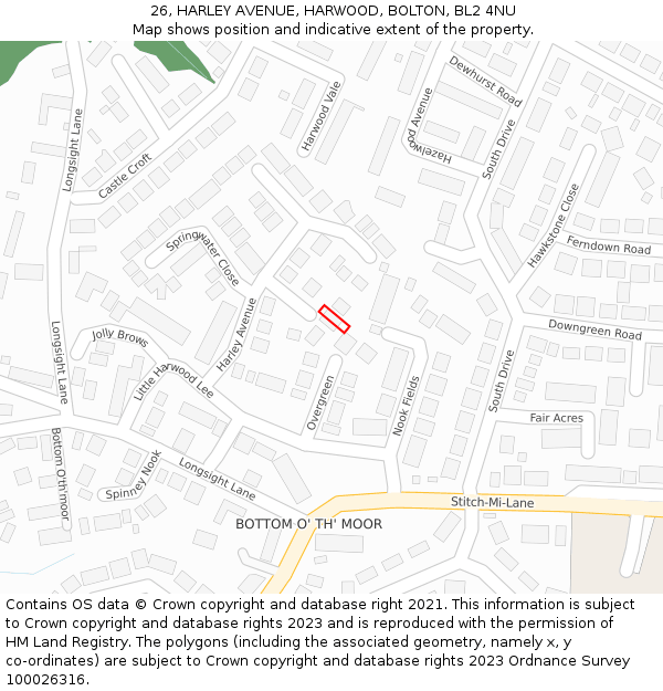26, HARLEY AVENUE, HARWOOD, BOLTON, BL2 4NU: Location map and indicative extent of plot