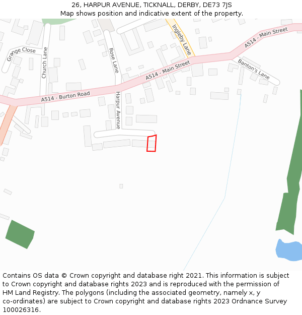 26, HARPUR AVENUE, TICKNALL, DERBY, DE73 7JS: Location map and indicative extent of plot