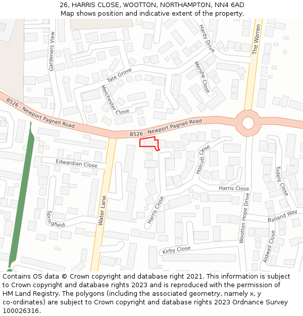 26, HARRIS CLOSE, WOOTTON, NORTHAMPTON, NN4 6AD: Location map and indicative extent of plot