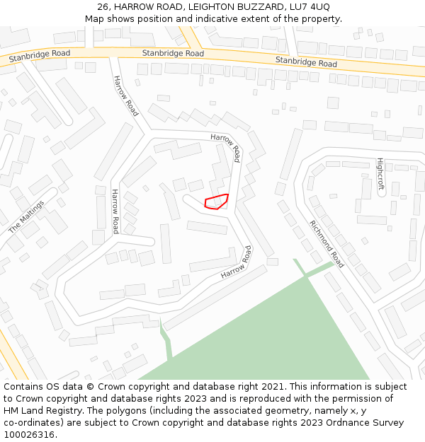 26, HARROW ROAD, LEIGHTON BUZZARD, LU7 4UQ: Location map and indicative extent of plot