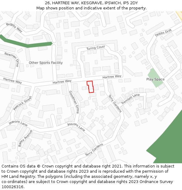 26, HARTREE WAY, KESGRAVE, IPSWICH, IP5 2DY: Location map and indicative extent of plot