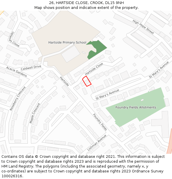 26, HARTSIDE CLOSE, CROOK, DL15 9NH: Location map and indicative extent of plot