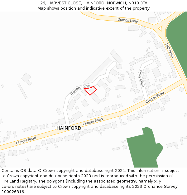 26, HARVEST CLOSE, HAINFORD, NORWICH, NR10 3TA: Location map and indicative extent of plot