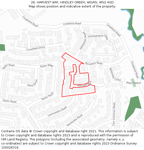 26, HARVEST WAY, HINDLEY GREEN, WIGAN, WN2 4GD: Location map and indicative extent of plot