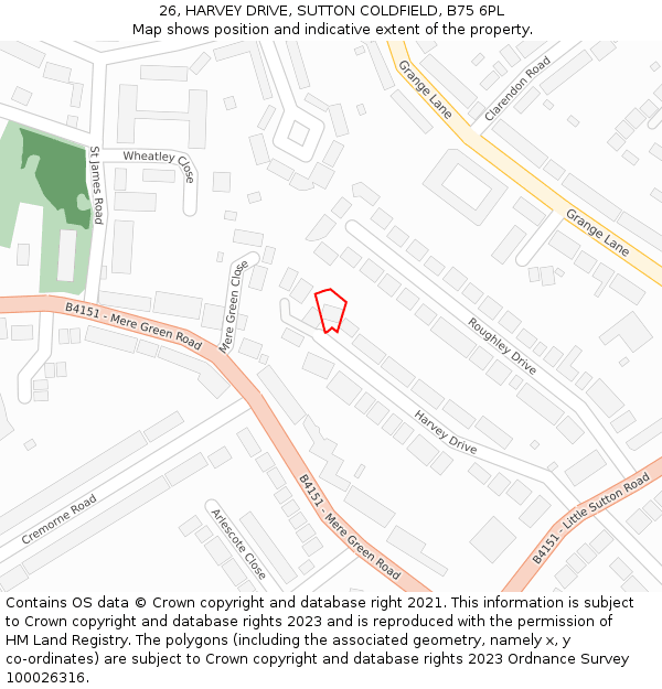 26, HARVEY DRIVE, SUTTON COLDFIELD, B75 6PL: Location map and indicative extent of plot