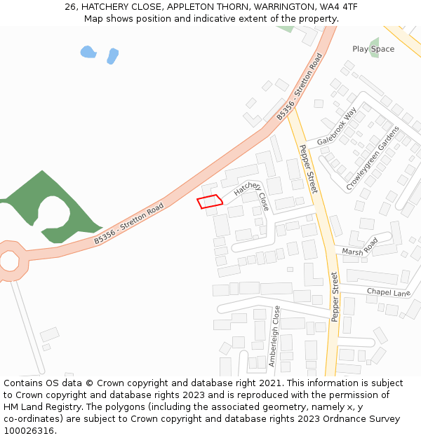 26, HATCHERY CLOSE, APPLETON THORN, WARRINGTON, WA4 4TF: Location map and indicative extent of plot