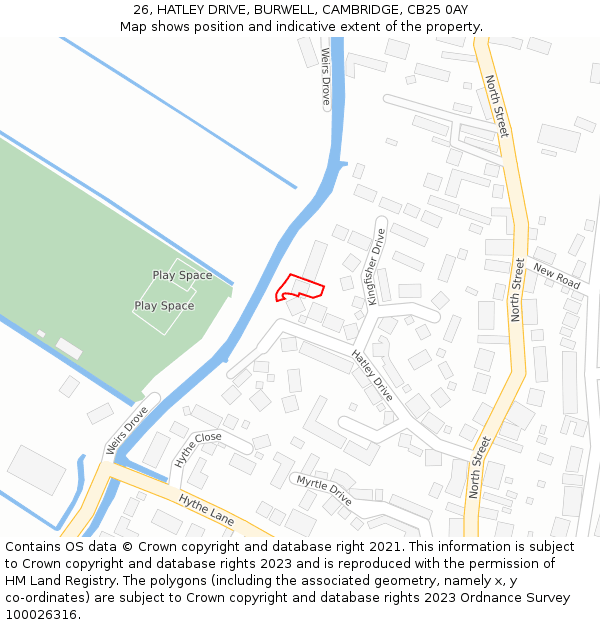 26, HATLEY DRIVE, BURWELL, CAMBRIDGE, CB25 0AY: Location map and indicative extent of plot