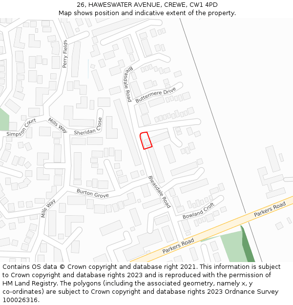 26, HAWESWATER AVENUE, CREWE, CW1 4PD: Location map and indicative extent of plot