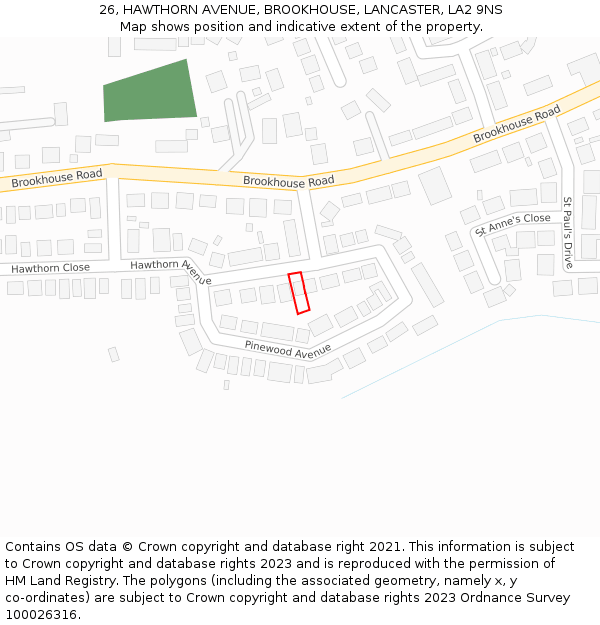 26, HAWTHORN AVENUE, BROOKHOUSE, LANCASTER, LA2 9NS: Location map and indicative extent of plot