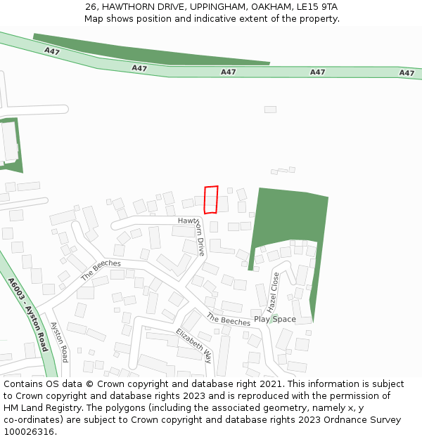 26, HAWTHORN DRIVE, UPPINGHAM, OAKHAM, LE15 9TA: Location map and indicative extent of plot