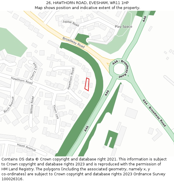 26, HAWTHORN ROAD, EVESHAM, WR11 1HP: Location map and indicative extent of plot