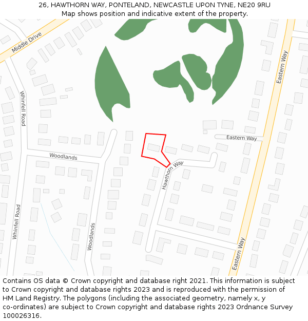 26, HAWTHORN WAY, PONTELAND, NEWCASTLE UPON TYNE, NE20 9RU: Location map and indicative extent of plot