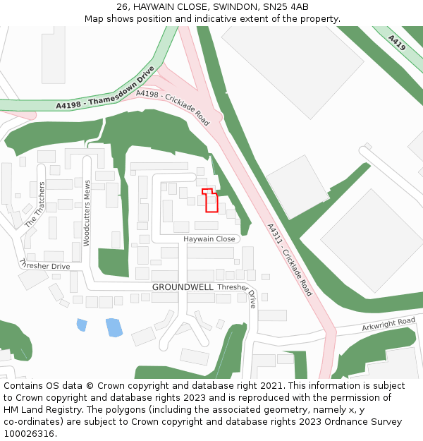 26, HAYWAIN CLOSE, SWINDON, SN25 4AB: Location map and indicative extent of plot