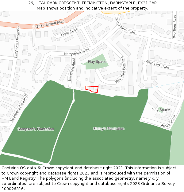 26, HEAL PARK CRESCENT, FREMINGTON, BARNSTAPLE, EX31 3AP: Location map and indicative extent of plot