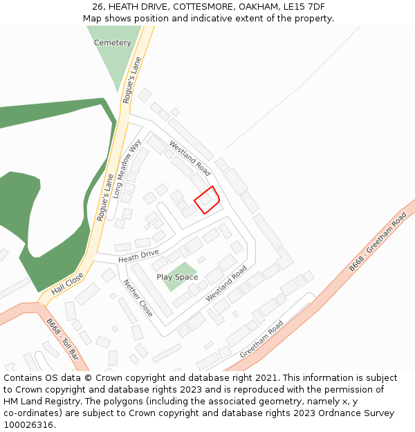 26, HEATH DRIVE, COTTESMORE, OAKHAM, LE15 7DF: Location map and indicative extent of plot