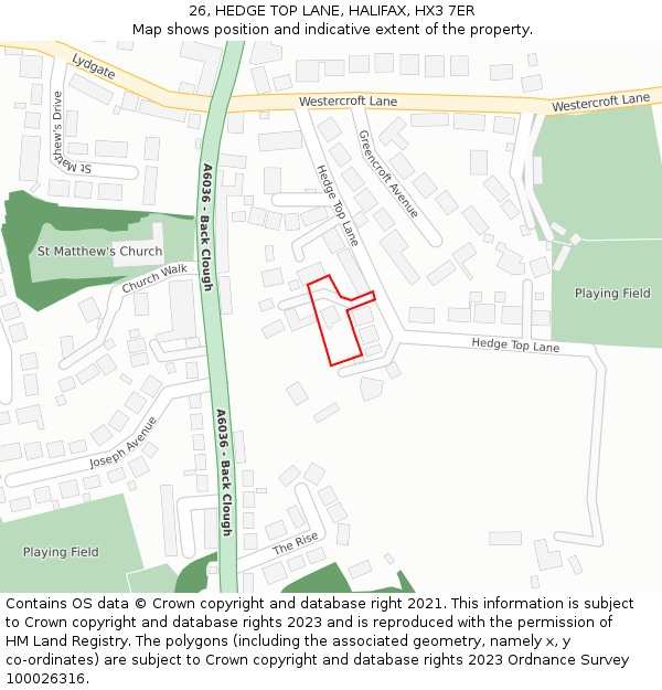 26, HEDGE TOP LANE, HALIFAX, HX3 7ER: Location map and indicative extent of plot