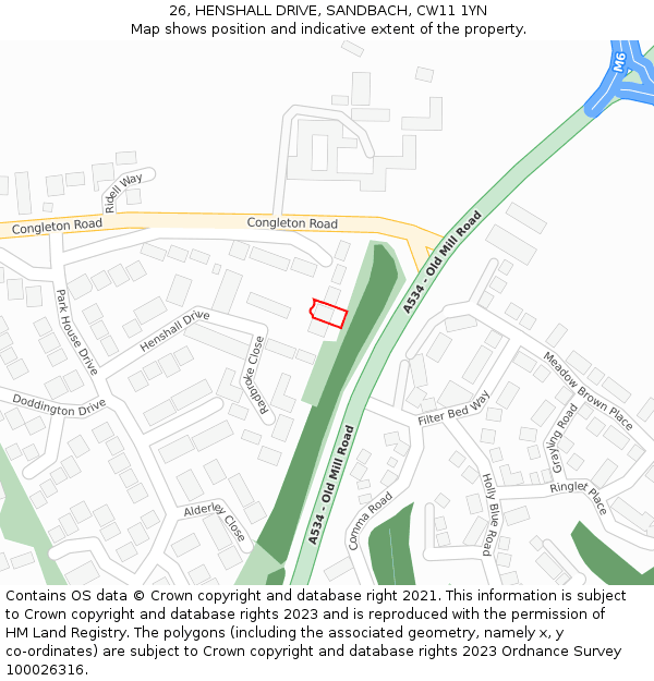 26, HENSHALL DRIVE, SANDBACH, CW11 1YN: Location map and indicative extent of plot
