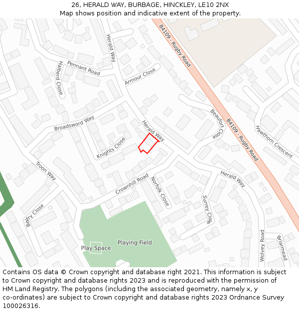 26, HERALD WAY, BURBAGE, HINCKLEY, LE10 2NX: Location map and indicative extent of plot