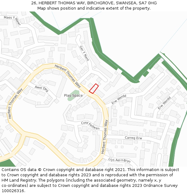 26, HERBERT THOMAS WAY, BIRCHGROVE, SWANSEA, SA7 0HG: Location map and indicative extent of plot