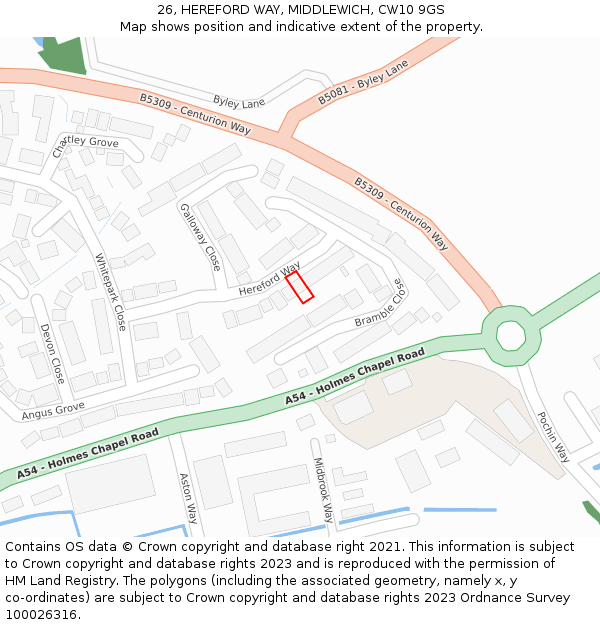 26, HEREFORD WAY, MIDDLEWICH, CW10 9GS: Location map and indicative extent of plot
