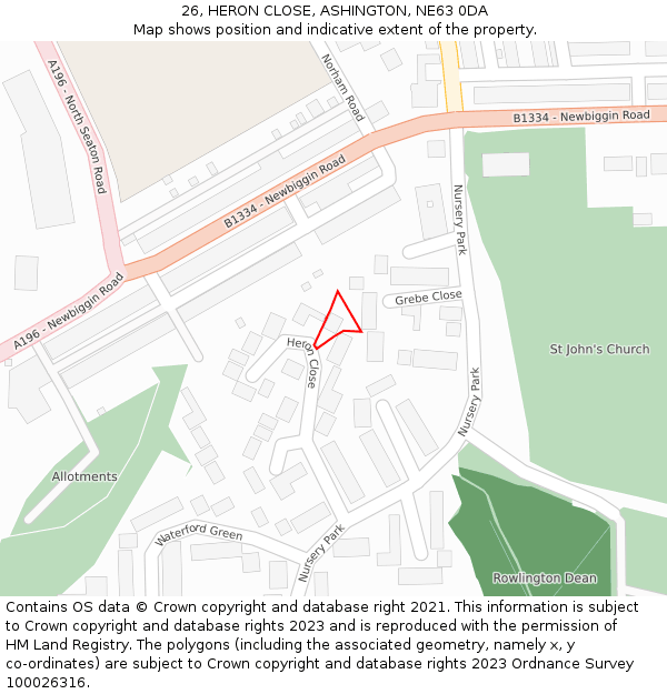 26, HERON CLOSE, ASHINGTON, NE63 0DA: Location map and indicative extent of plot