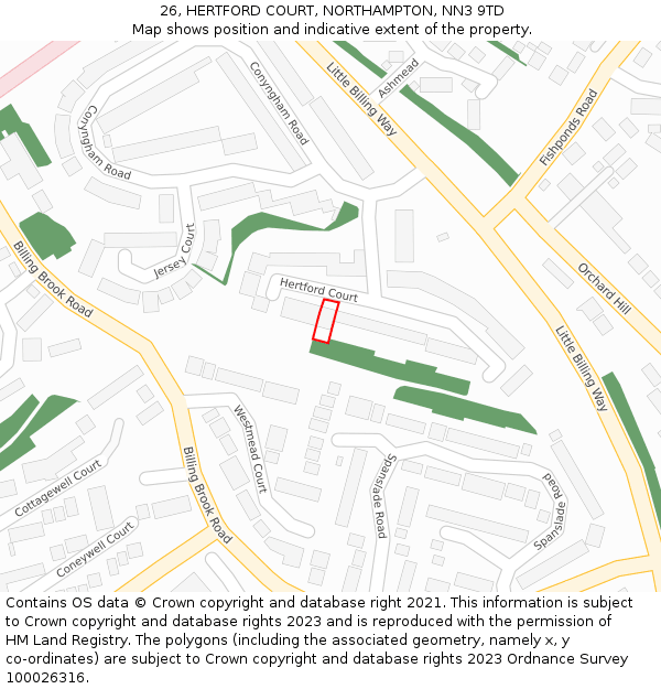 26, HERTFORD COURT, NORTHAMPTON, NN3 9TD: Location map and indicative extent of plot