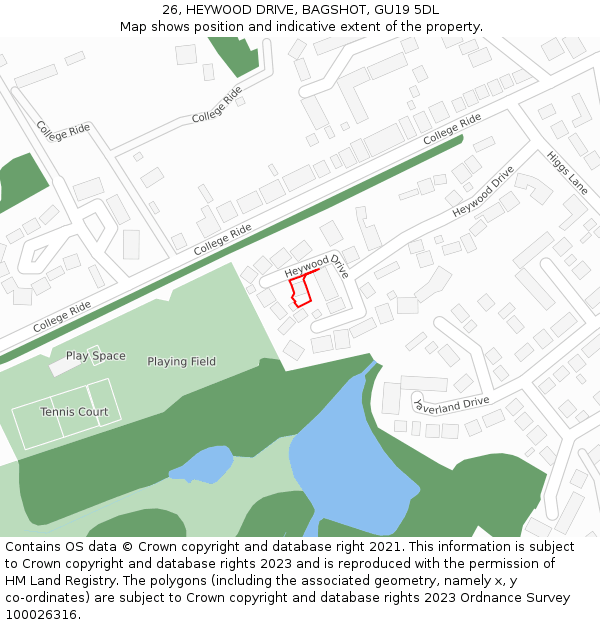 26, HEYWOOD DRIVE, BAGSHOT, GU19 5DL: Location map and indicative extent of plot