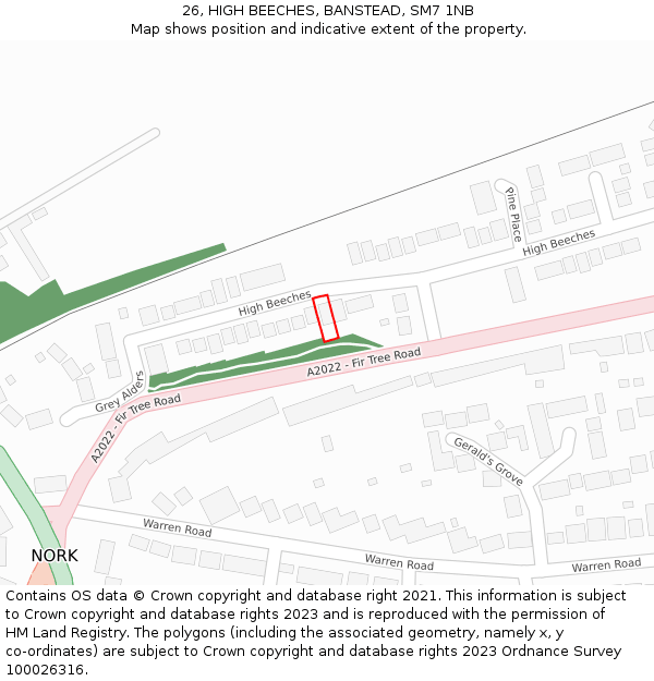 26, HIGH BEECHES, BANSTEAD, SM7 1NB: Location map and indicative extent of plot