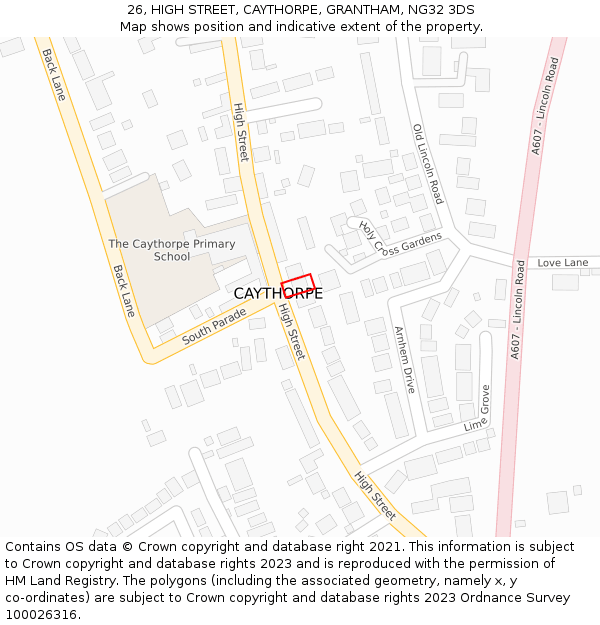 26, HIGH STREET, CAYTHORPE, GRANTHAM, NG32 3DS: Location map and indicative extent of plot