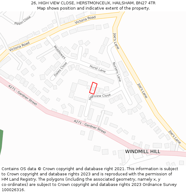 26, HIGH VIEW CLOSE, HERSTMONCEUX, HAILSHAM, BN27 4TR: Location map and indicative extent of plot