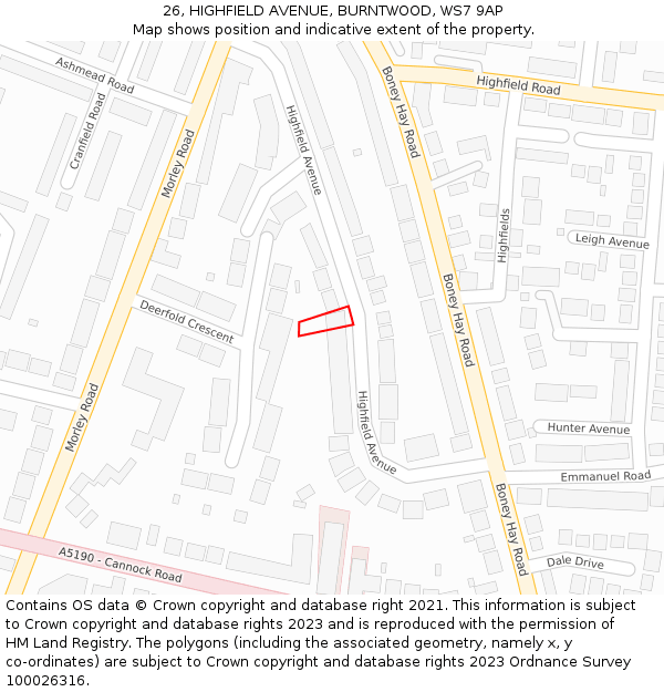 26, HIGHFIELD AVENUE, BURNTWOOD, WS7 9AP: Location map and indicative extent of plot