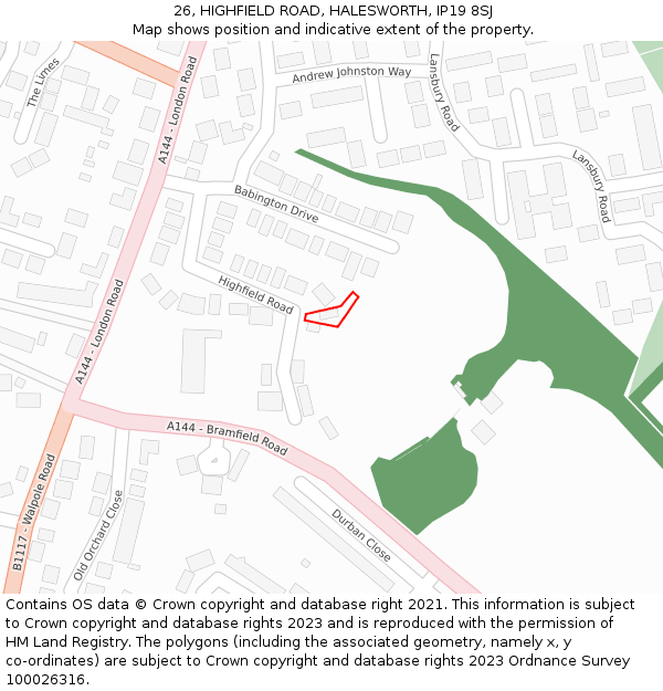 26, HIGHFIELD ROAD, HALESWORTH, IP19 8SJ: Location map and indicative extent of plot