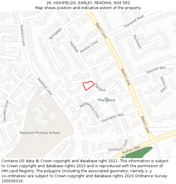 26, HIGHFIELDS, EARLEY, READING, RG6 5RZ: Location map and indicative extent of plot