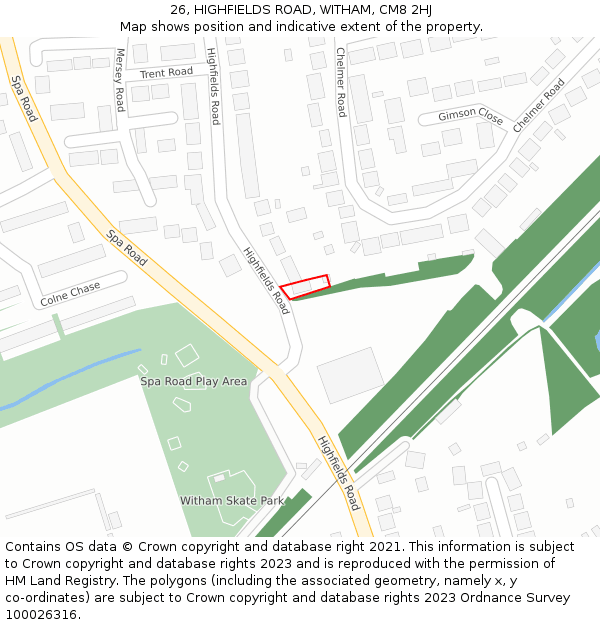 26, HIGHFIELDS ROAD, WITHAM, CM8 2HJ: Location map and indicative extent of plot