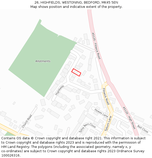 26, HIGHFIELDS, WESTONING, BEDFORD, MK45 5EN: Location map and indicative extent of plot