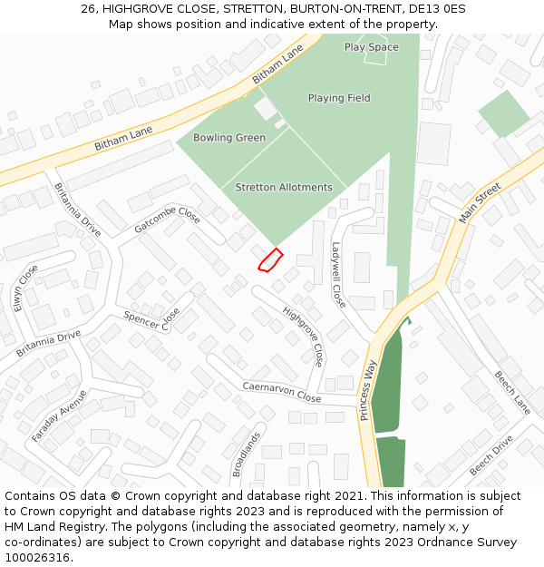 26, HIGHGROVE CLOSE, STRETTON, BURTON-ON-TRENT, DE13 0ES: Location map and indicative extent of plot