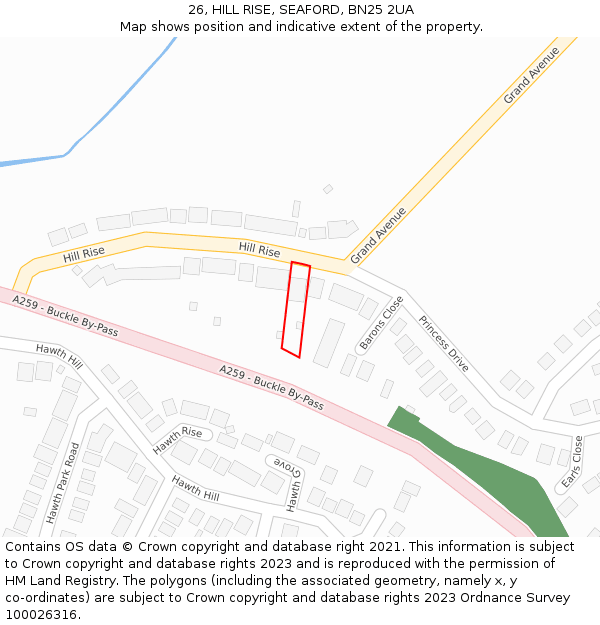 26, HILL RISE, SEAFORD, BN25 2UA: Location map and indicative extent of plot