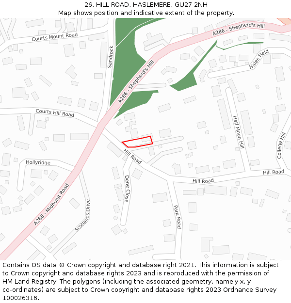 26, HILL ROAD, HASLEMERE, GU27 2NH: Location map and indicative extent of plot