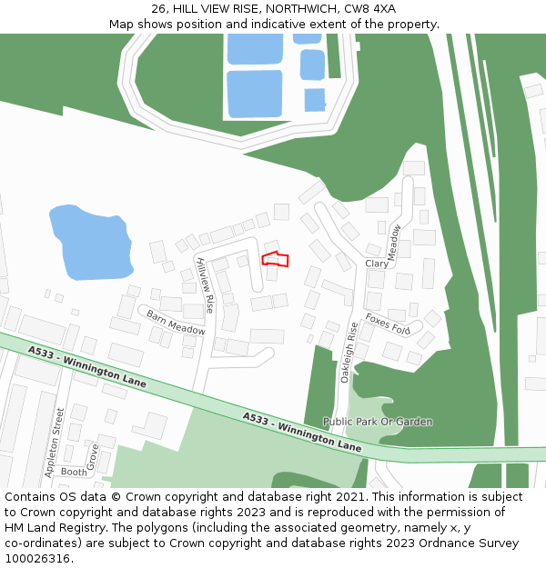 26, HILL VIEW RISE, NORTHWICH, CW8 4XA: Location map and indicative extent of plot