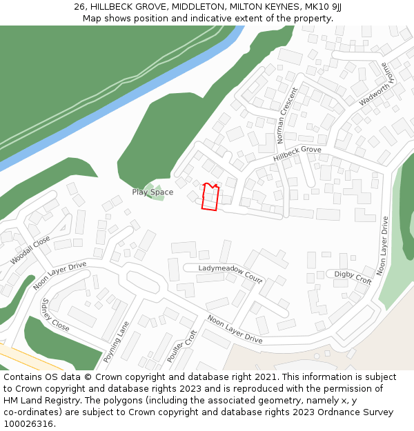 26, HILLBECK GROVE, MIDDLETON, MILTON KEYNES, MK10 9JJ: Location map and indicative extent of plot