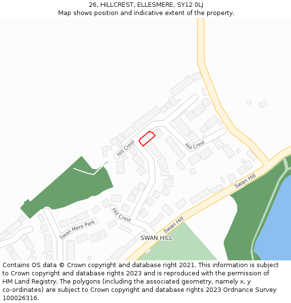 26, HILLCREST, ELLESMERE, SY12 0LJ: Location map and indicative extent of plot